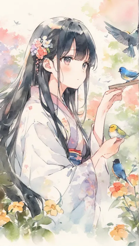 Holding a bird in hand、 cute、 I have long hair、 black hair、 girl、kimono、I stare at ,Flowers and birds, sketching, Watercolor color.