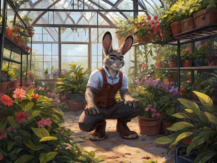 rabbit, anthro, gray fur,  farmers attire, cultivatio plants,crouching, casual squat, arms hanging loosely, one hand on knee, easygoing, in greenhouse, masterpiece, (16K), HD, Various facial details, detailed background, very detailed, dynamic poses, Eyes ...