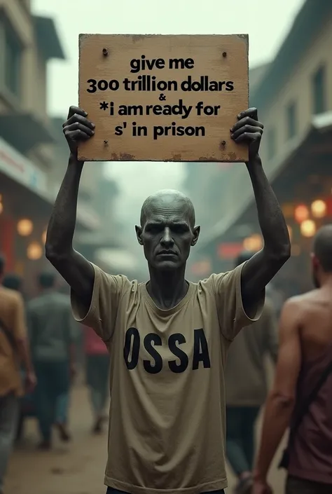  Create a 3D image of a  wearing a dull shirt written OSSA  is lifting a board with writing: GIVE ME 300 TRILLION DOLLARS  &  I AM READY FOR S IN PRISON in the market crowd 