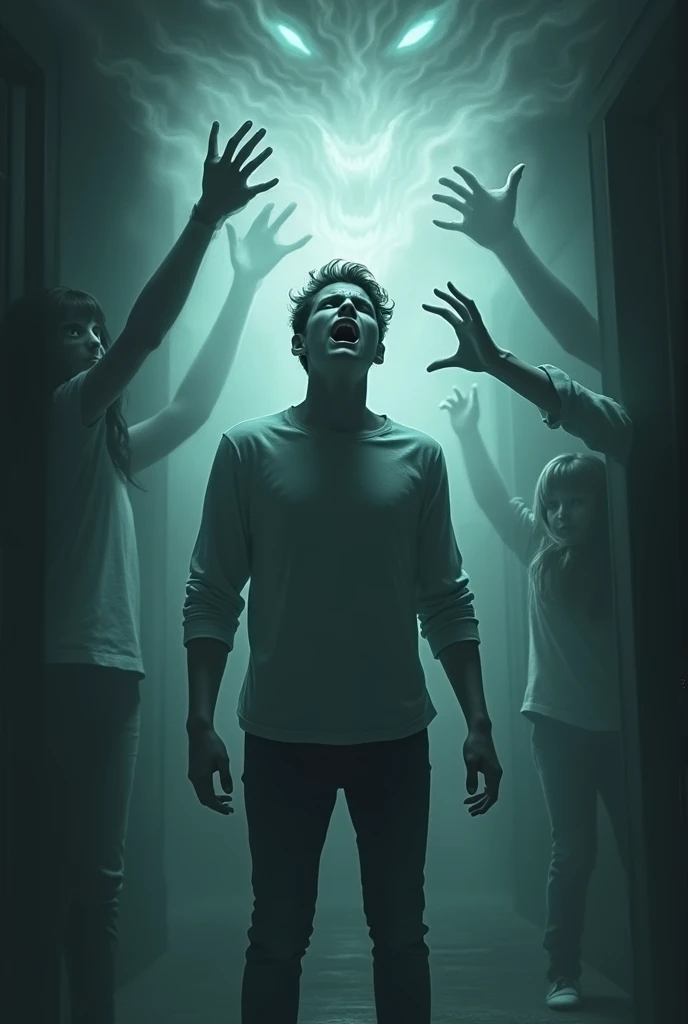 **The Young Mans Fear**: A young man with a terrified expression, standing in the center of a dark room, surrounded by swirling shadows and ghostly apparitions reaching out towards him.