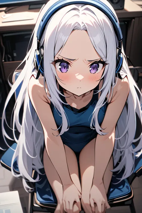  top quality,  super resolution, 1 woman,  cute , Long hair, Purple eyes, black eyes,  white hair , blue school swimming suit, Forehead visible,  sit in a chair, Staring at a computer, Live streaming,  headset , fine hair, School Miz