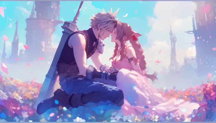score_9, score_8_up, score_7_up, cloud and aerith, final fantasy vii, anime couple sitting on a bench in a field of flowers, from final fantasy vii, from final fantasy, beautiful aerith gainsborough, high quality fanart, beautiful, beautiful anime, final f...