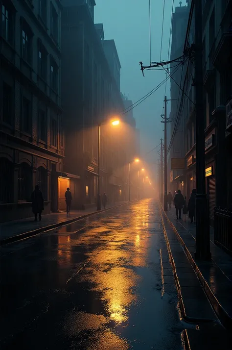  "A rainy city at night with dim streetlights, wet streets reflecting the glow of the lights, and a melancholic atmosphere, ultra-realistic, cinematic mood."