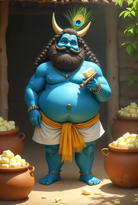 A small blue skined 
man of  chubby boy is standing in a cowshed. His left leg has a flute and his right hand is full of white butter. Near him are earthen pots full of butter. He has curly long hair. There is no cloth on his upper body and there is a whit...