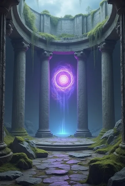 Develop for me a scenario of forgotten ruins ,  with five half-destroyed pilasters forming a circle where , in the center,  there is a pulsating energy portal in the colors purple with blue details