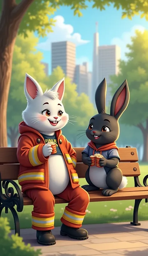 A sunny day in a peaceful city park where the white, chubby firefighter cat and the thin black rabbit sit on a bench together. Both are smiling and dressed casually, their friendship evident as they talk and share snacks.