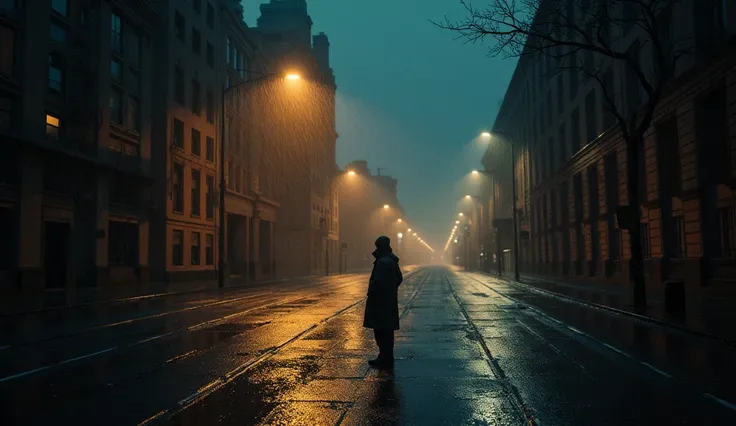  "A rainy city at night with dim streetlights, wet streets reflecting the glow of the lights, and a melancholic atmosphere, ultra-realistic, cinematic mood."