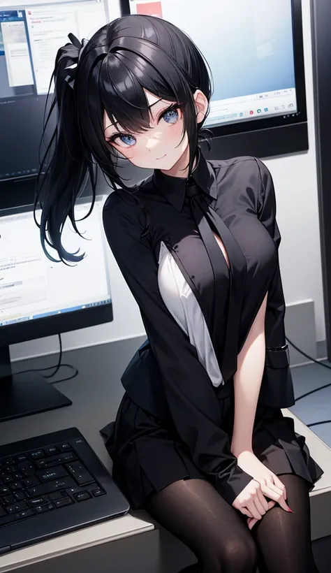 A GIRL IS SITTING AT A COMPUTER in a dark empty room in black Hair:  black hair, Short,  keyboard in deep red ,  long-sleeved white blouse .  and the front strands fall slightly on the face ,  arranged in two ponytails on the sides . eyes: Big ones,  expre...