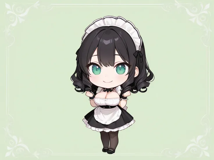 1girl,masterpiece,  top quality ,  Very Aesthetic ,  absurd, up to date,maid,curly black hair,happy,dress shoes,Smile lightly,  beautiful,Alone, slender body 、stand、,sidelock ,jade eyes,endearing smile, chibi, full body,green background,big breasts