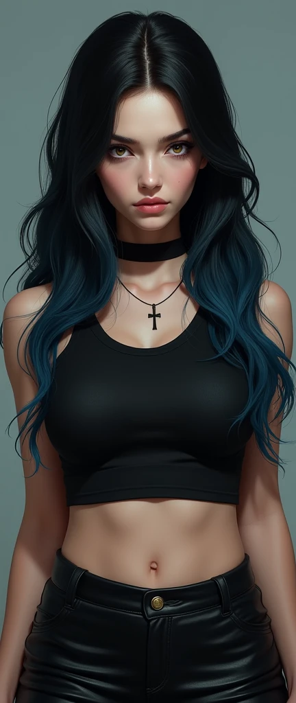 Black-haired girl with the tips painted in deep blue eyes with a serious look in a black sports top with leather pants with big breasts wearing a necklace with a small cross 