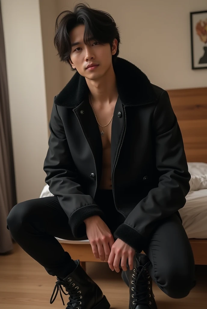 An Asian man of Korean origin who looks like an Idol from K-pop has long hair around his ears and you are wearing a black charro jacket, tight black pants and military boots in black is in his room., That The image looks like a selfie 