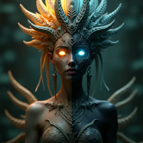 A woman from Mesoamerican mythology, deity of duality, able to control light and darkness, His appearance would be that of a being with a face divided into light and shadow., with eyes that reflect day and night 