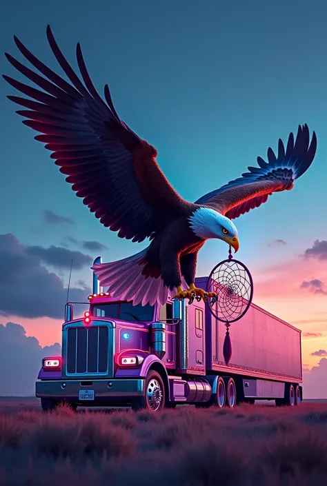 An eagle with a dreamcatcher and a Kenworth in neon color 