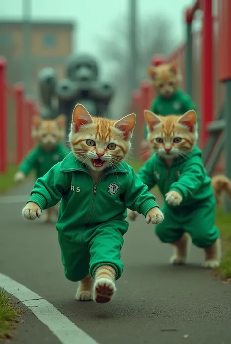  cats in Squid Game uniforms playing the "Green Light, Red Light" game:

"A group of playful cats dressed in the iconic Squid Game uniforms—green tracksuits with numbers on the front—are participating in a Green Light, Red Light game. The scene is set in a...