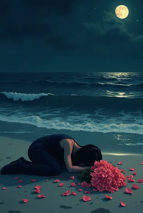 Create an image of a person lying sad and hurt with a flower bouquet thrown on the sand at night 