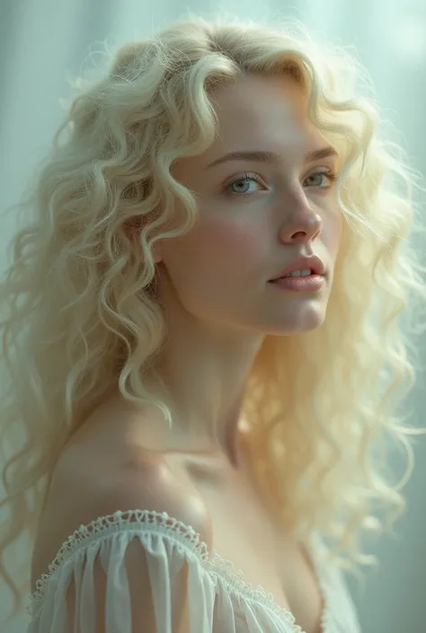 Delicate woman with extremely curly light blonde hair