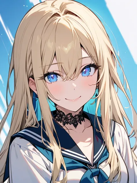 Best Quality:1.3, Masterpiece:1.3, Illustration:1.3, Ultra-detailed:1.3, Imid Shot:0.9, Detailed Eye... Soft Smile Expression.. ,A Girl, Blue Hue Eyes, Blond Hair, Straight Hair, Between Eye, Blue Earrings, Has Lace Choker Adorns Through Her Neck, Wearing ...