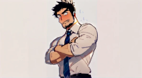 a man in a shirt and tie with his arms crossed, short hair, black hair, white shirt, upper body, necktie, collared shirt, pants, black eyes, muscular, facial hair, crossed arms, thick eyebrows, pectorals, muscular male, bara, sideburns, mature male, goatee...