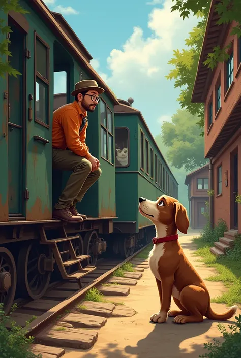 The dog sees his owner steping on a old train its a cartoon image