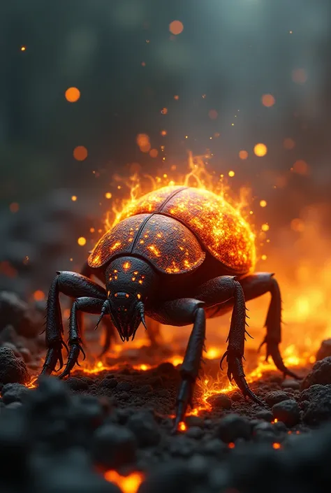 A beetle with a glowing, molten shell that radiates heat, leaving fiery trails on the ground as it crawls.