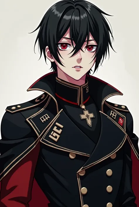 Beautiful and elegant anime style SS officer,Intimidating,black coat, black hair red eyes,SS uniform,Teenager 18 years old,masculine