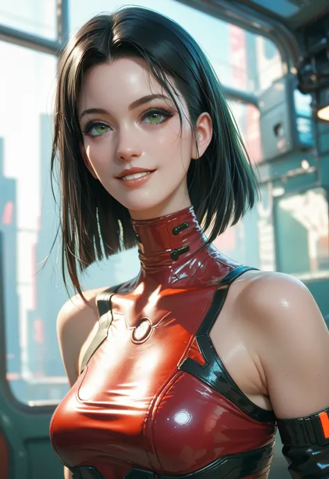 Cinematic angle bust up full body girl 1 person 18 years old green smile black hair long bob with visible forehead red high neck leotard black tights boots cyberpunk space