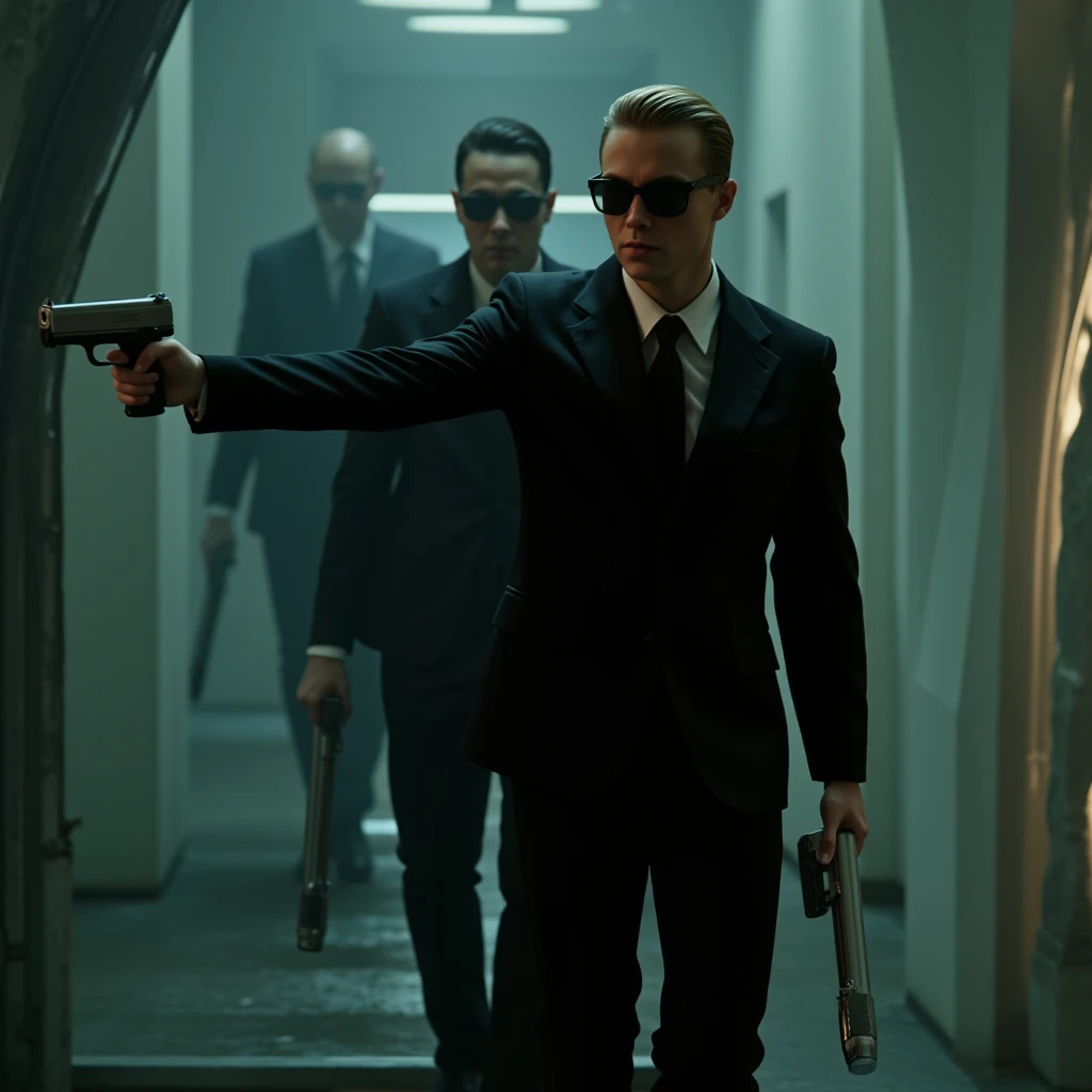  Elegant agents of a matrix who have superpowers , may appear and disappear from places ,  wear elegant black suits with glasses and gray guns.