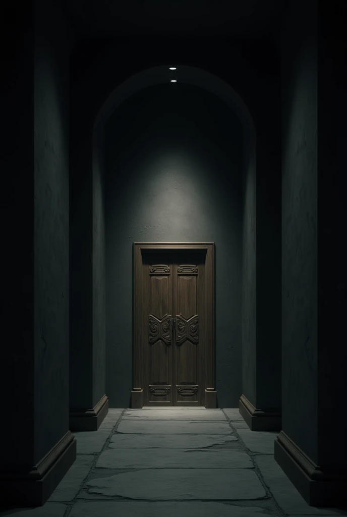 Long dark corridor with a realistic door