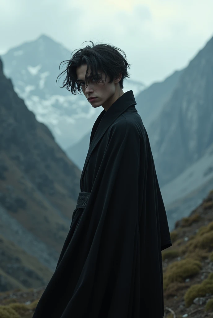  A comma-haired teenager wearing a black robe and is in the mountains. The boy has a bit of panda eyes and his face looks a bit like Lorenzo zurzolo 