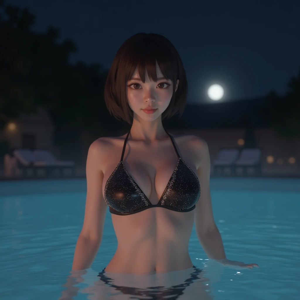  sexy Japanese girl ,  short brown hair ,  brown-eyed ,  fair skin , sexy slim body,  black Vantablack crystalline bikini with white crystalline glitter, round thermal pool ,night,moonlight,sexy,  big boobs ,sexy bofy, sexy bikiniAlta resolução, Seios, Mod...