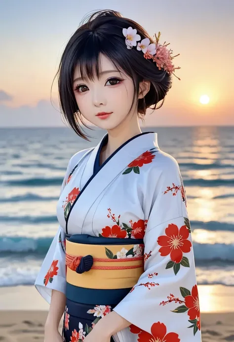 (full body, looking away), 1girl, (Very cute Japanese woman),  very detailed face , perfect face ,  big eyes,  perfect eyes,  The nose is accurately formed, Expressive lips, A slightly embarrassed smile, (Very thin hair), ( medium hair,  black hair), kimon...