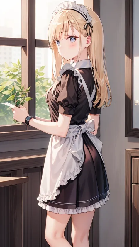  1 girl, ,  unique , lift your legs, 长长的hair, skirt, Golden_hair, maid_have, watch_Take a step back, watch_Shown in_看向观众,  through bangs , black_lift your legs, Blushing, black_skirt, Himself, Short_sleeve, clothing_lift, wrist_cuff, decorate, skirt_lift, ...