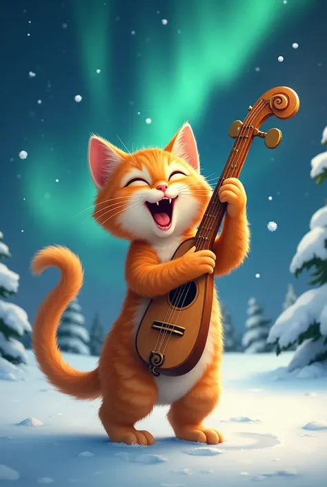  an orange cat holding a ney with joy, And in the background snow and Northern Lights at night 