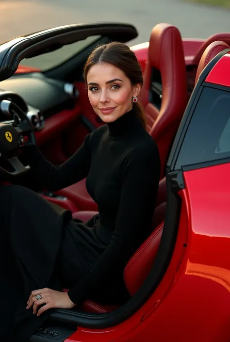 A beautiful woman wearing a black sweater long skirt smiles sitting inside a red Ferrari car 