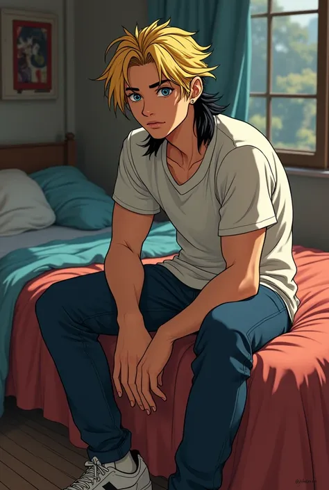 A semi-realistic art of an 18-year-old guy with a jovial appearance and a slender body with muscles, modern blond mullet hair with black locks, rugged blue eyes, he is sitting on the edge of his messy bed in his room a little messy but cozy, looking distra...