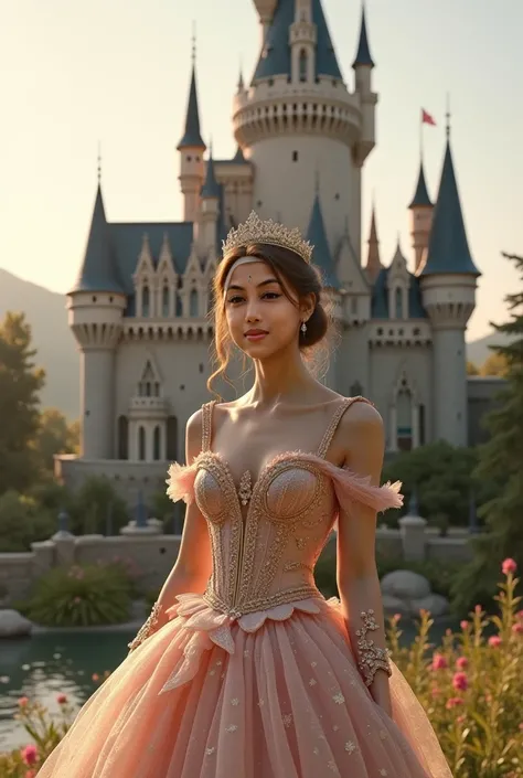 Make her wear princess costume in front of a castle