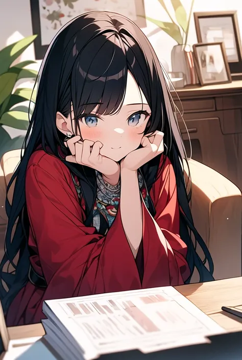 Draw a young girl wearing traditional clothes in red and white tones, sitting in a warm space. She has black hair, neatly tied with cute accessories. Surrounded by decorative objects