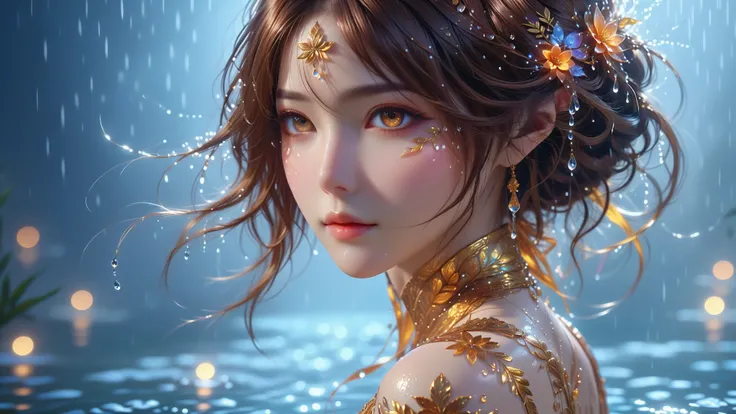 A Masterpiece In 32K Resolution, Supreme Quality, Super Detail, Official Art, Very High-Resolution 32K Wallpaper, Beautiful And Aesthetic, Ultra-Detailed Features, Awe Inspiring Detail. A Serene Scene With Gentle Raindrops, Intricate Floral Patterns, And S...