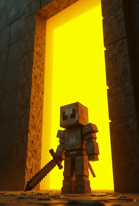 Minecraft Stayl ,  character with armor and sword ,  standing in an all-yellow Neder portal