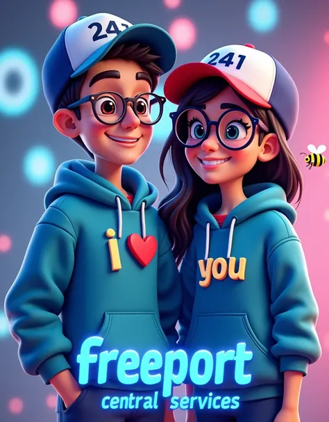 A cheerful and enthusiastic young male character in a realistic 3D cartoon style. He is wearing a blue hoodie with teal accents, featuring the text "I 🩷" in a 3D format on the front of his hoodie. Beside him stands a beautiful and cute female character wit...