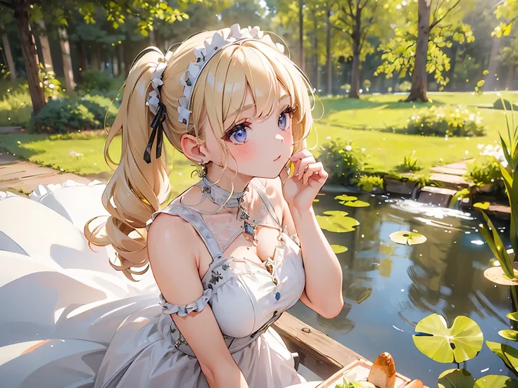 ((Best quality, 8k, Masterpiece: 1.3)), Sharp focus A beautiful woman with perfect body, Highly detailed face and skin texture, (Detailed eyes), picnic, white dress, jewelry, earrings, hairband, frill, blonde hair, long pigtails, Forest park with a large p...