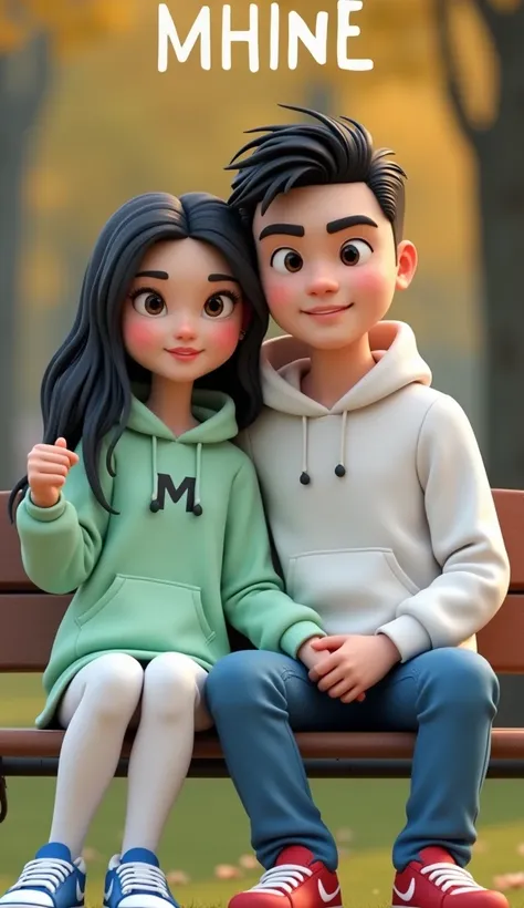 Create a 3D inage of a man and woman holding hands wearing a white hoodie jacket with the name "E" written on the front of the mans hoodie jacket and the name "M" written on the front of the apple green womans hoodie jacket, the woman has long black hair, ...