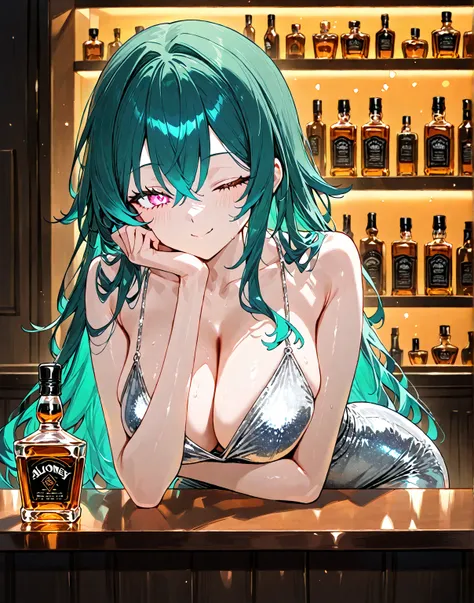 a woman with long hair, wavy dark teal green hair, pink eyes, on a bar counter, silver dress, whiskey bottle, (((alone))), wink smile