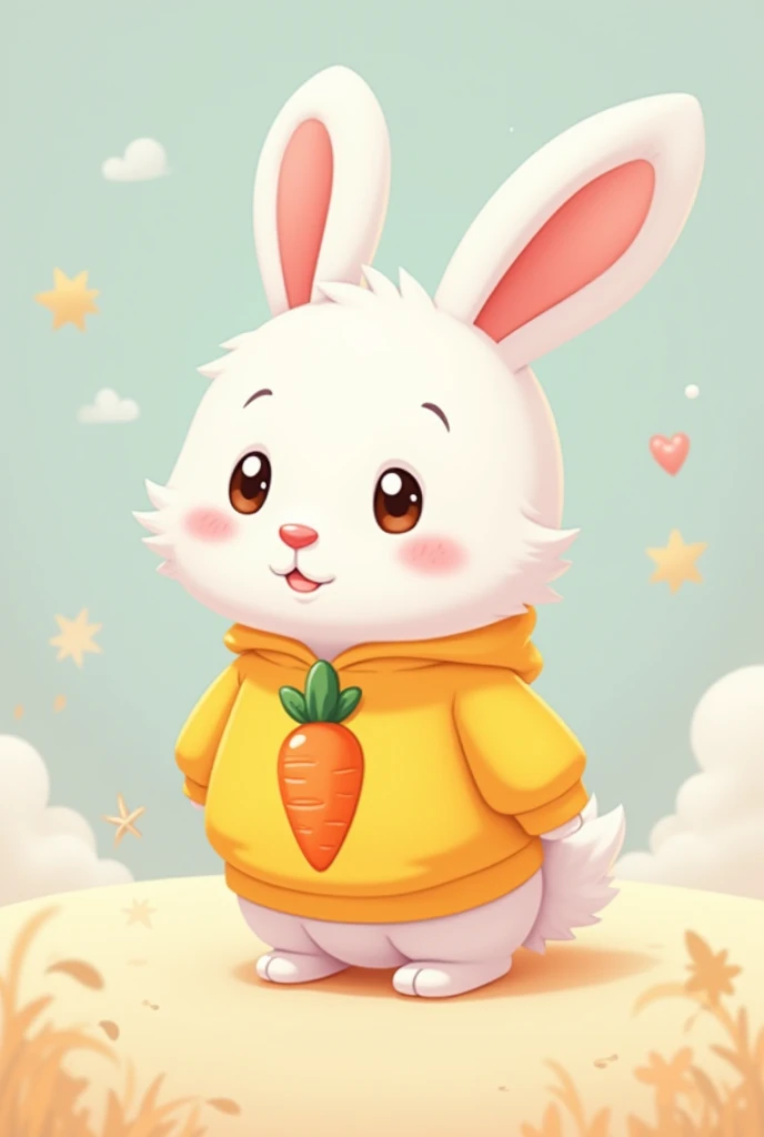 Generate a white rabbit with a yellow sweatshirt and a carrot printed on the sweatshirt in anime