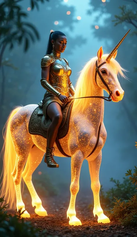 "A new scene featuring a radiant warrior with a glossy upper body, this time with golden and blue glowing patterns instead of red and white spots. The warrior is seated on a luminous, glowing unicorn-like horse with sparkling, ethereal energy. The setting ...