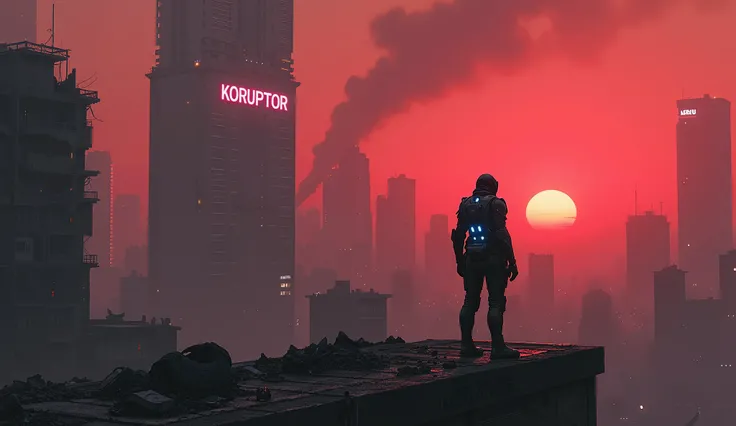 "A dystopian city with crumbling skyscrapers, flickering neon signs reading KORUPTOR, and heavy smoke rising into the red-tinted sky. A lone warrior stands on the rooftop of a ruined building, wearing futuristic black armor with glowing blue accents. The h...