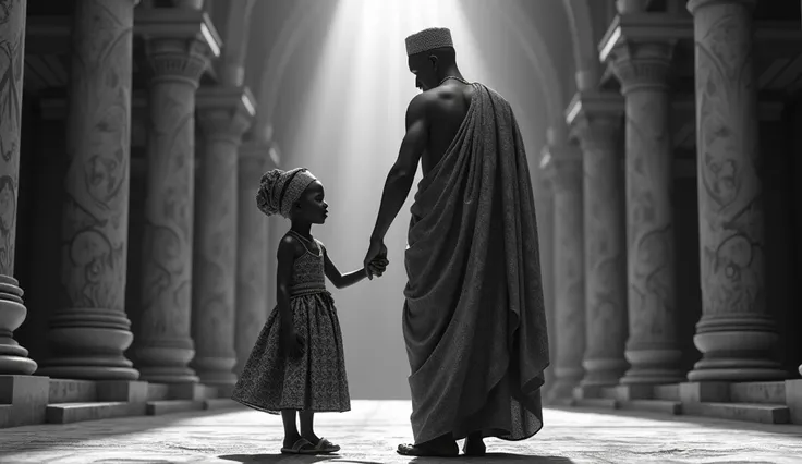 "Cinematic black and white image ,  in 4k by Amina de Zazau as a  ,  playing with his brother on the market street.  The scene shows Amina as a small ,  dressed in traditional costumes ,  holding hands with her father , who is in royal attire .  They are i...