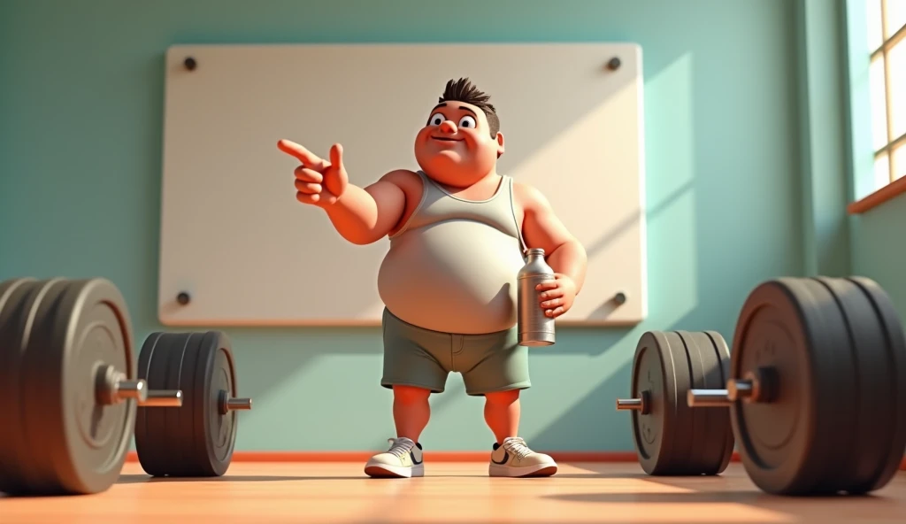  Imagine a gym with a huge rectangular plate vertically in white on the left side of the wall, A fat man in a tank top, shorts and sneakers,  pointing his index finger forward, holding a water bottle in the other hand ,  with huge weights on the floor next...