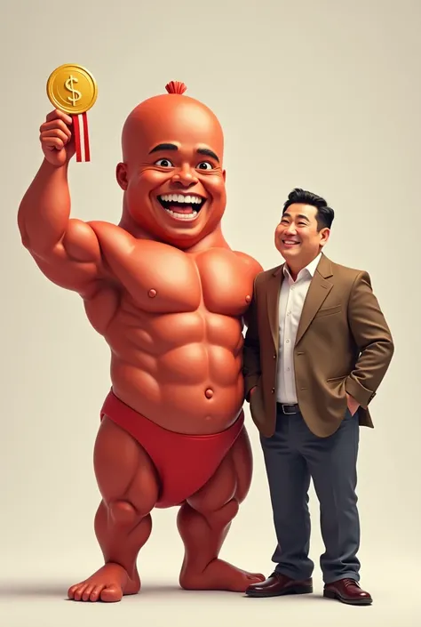  The winner of Mr Olympia is a bodybuilder sausage with Arnolds face,  do it with a gold medal and a cheerful face , And a Chinese gentleman on the happy side 