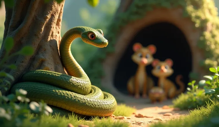 A 3D cartoon snake coiled around a tree trunk, looking menacingly at the hollow where the mongoose family resides.